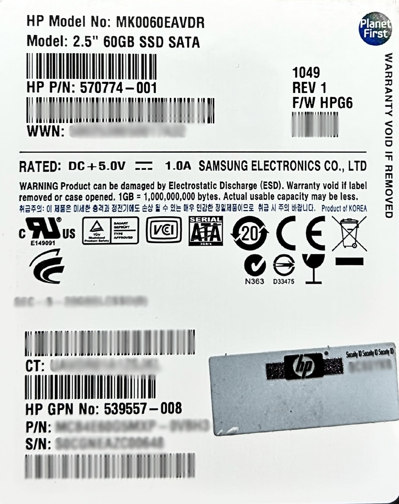 HP 570774-001 60GB SATA SSD SFF-SAM, Used