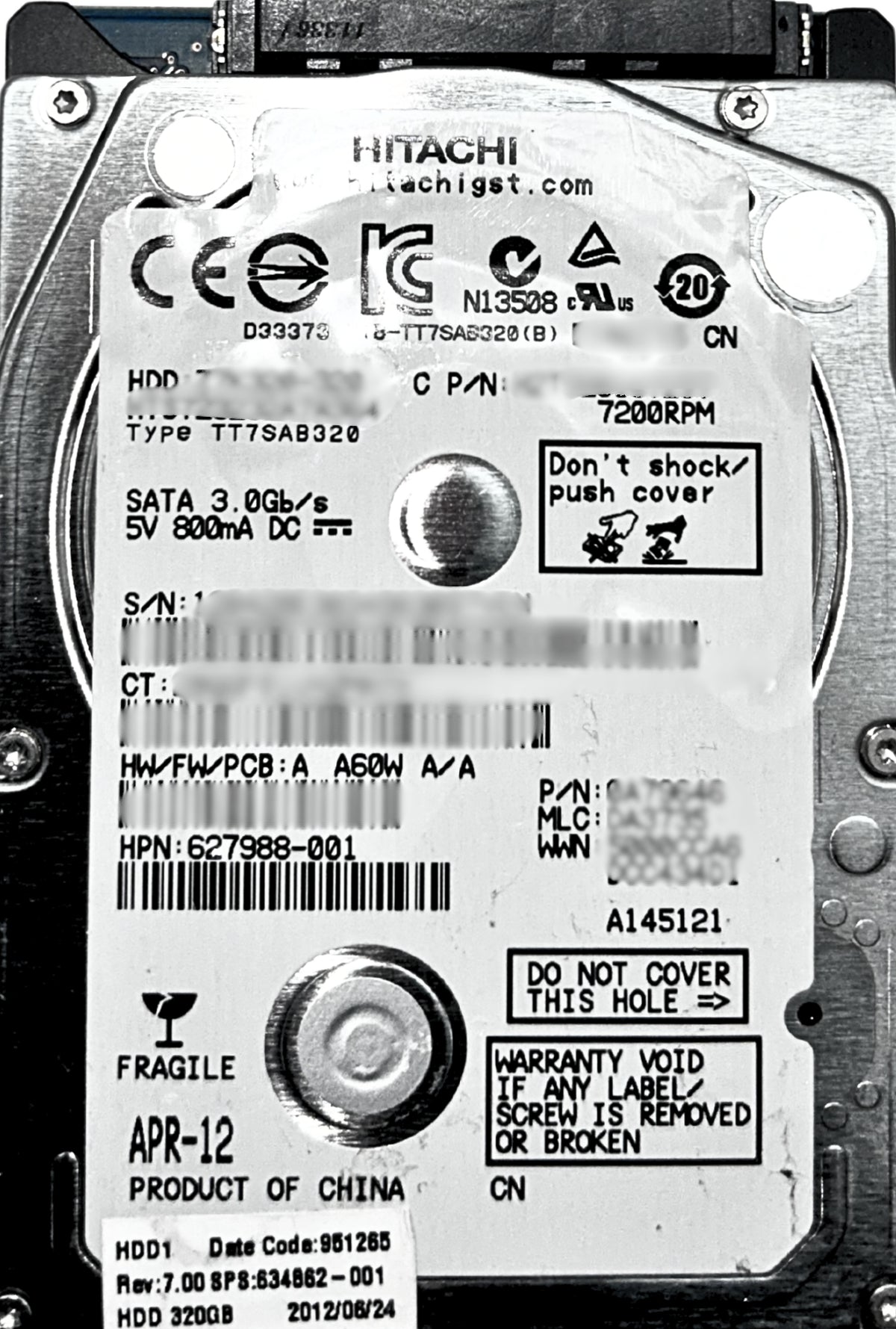 HP 627988-001 320GB 7.2K 3G 2.5INCH SATA HDD, Used