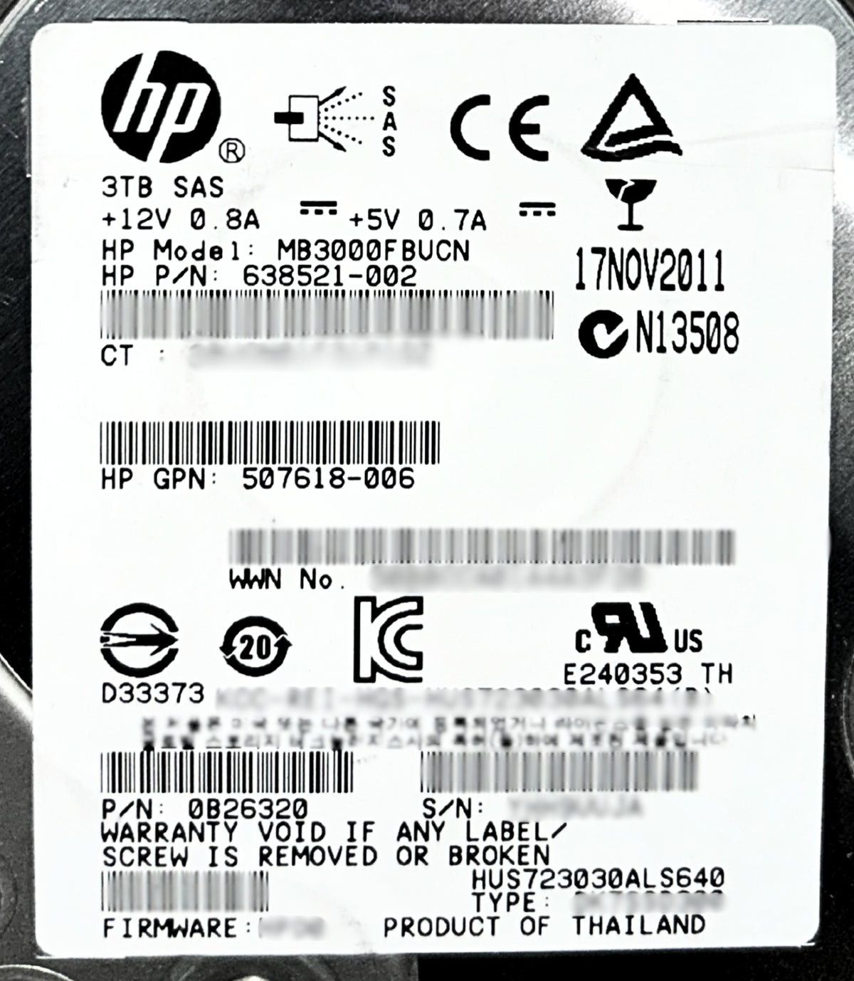 HP 638521-002 3TB 7.2k 6G SAS LFF HDD, Used