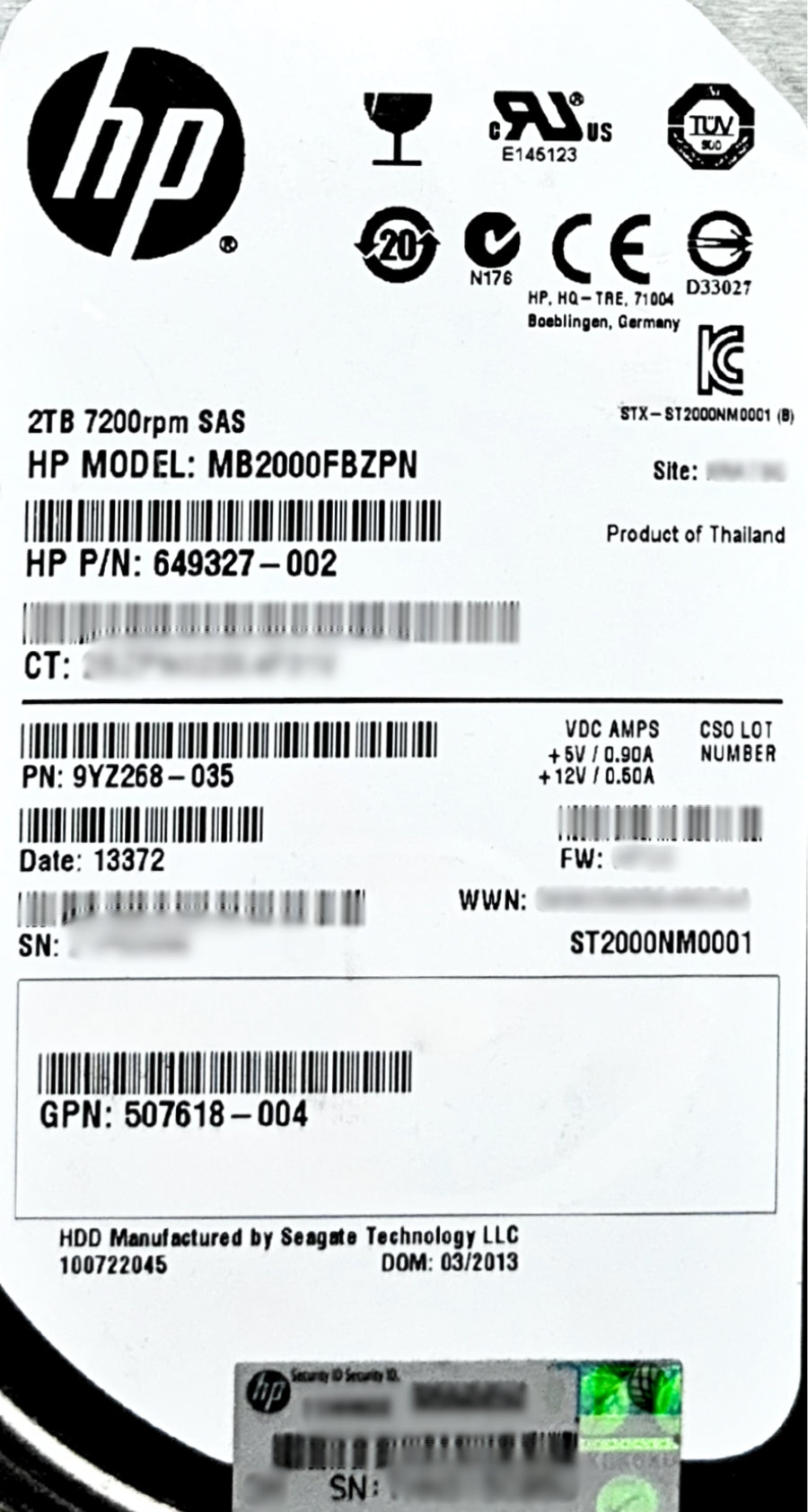 HP 649327-002 HP 2TB 7.2K 6G LFF SAS HDD, Used