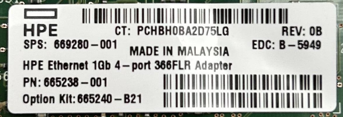 HP 669280-001 1GB 4-PORT 366FLR Ethernet Adapter, Used