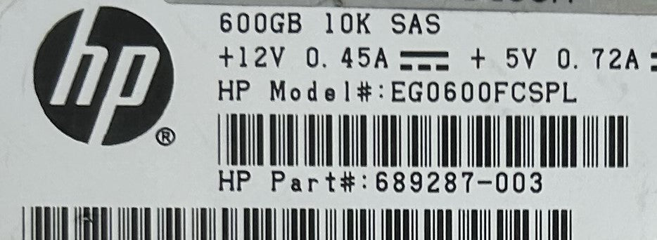 HP 689287-003 HPE 600GB 10K 6G SFF SAS HARD DRIVE, Used