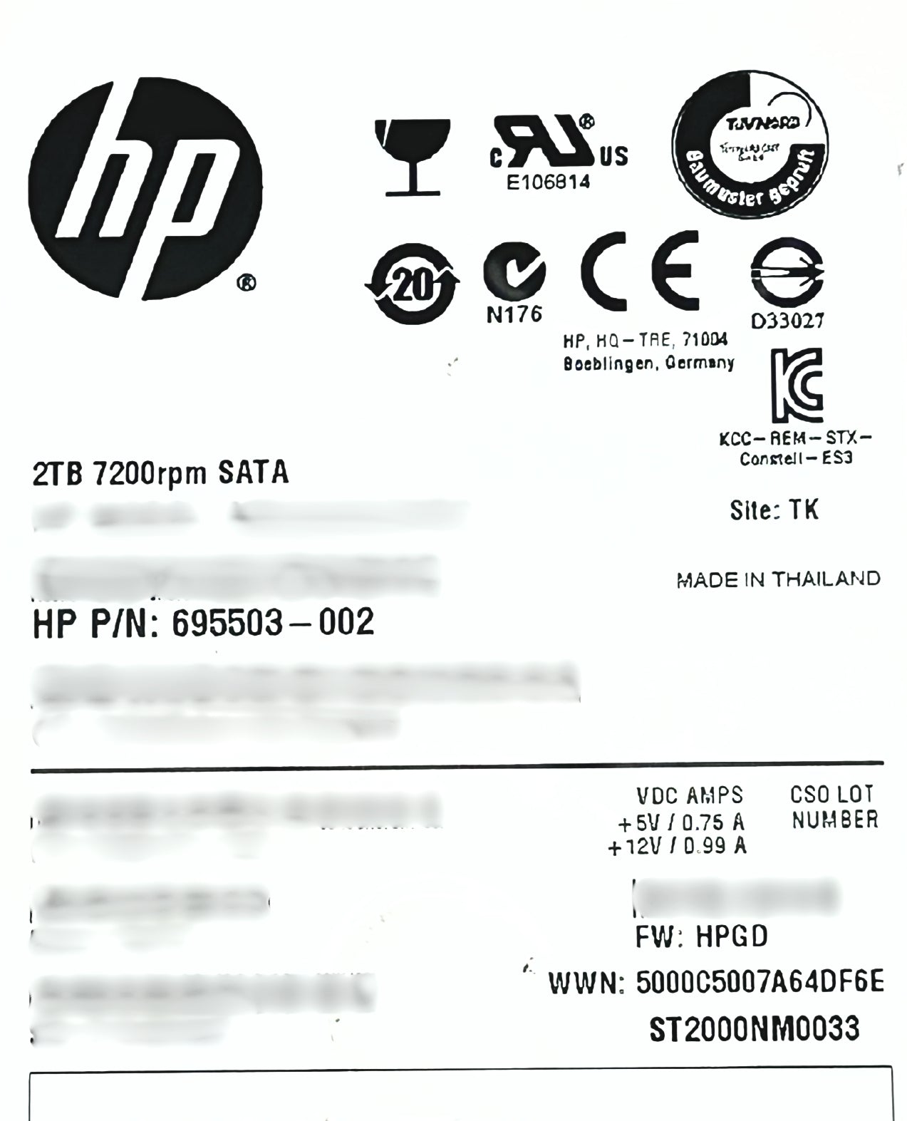 HP 695503-002 HP 2TB 7.2K 3.5 inch SATA 6GBS HDD Hard Disk Drive, Used