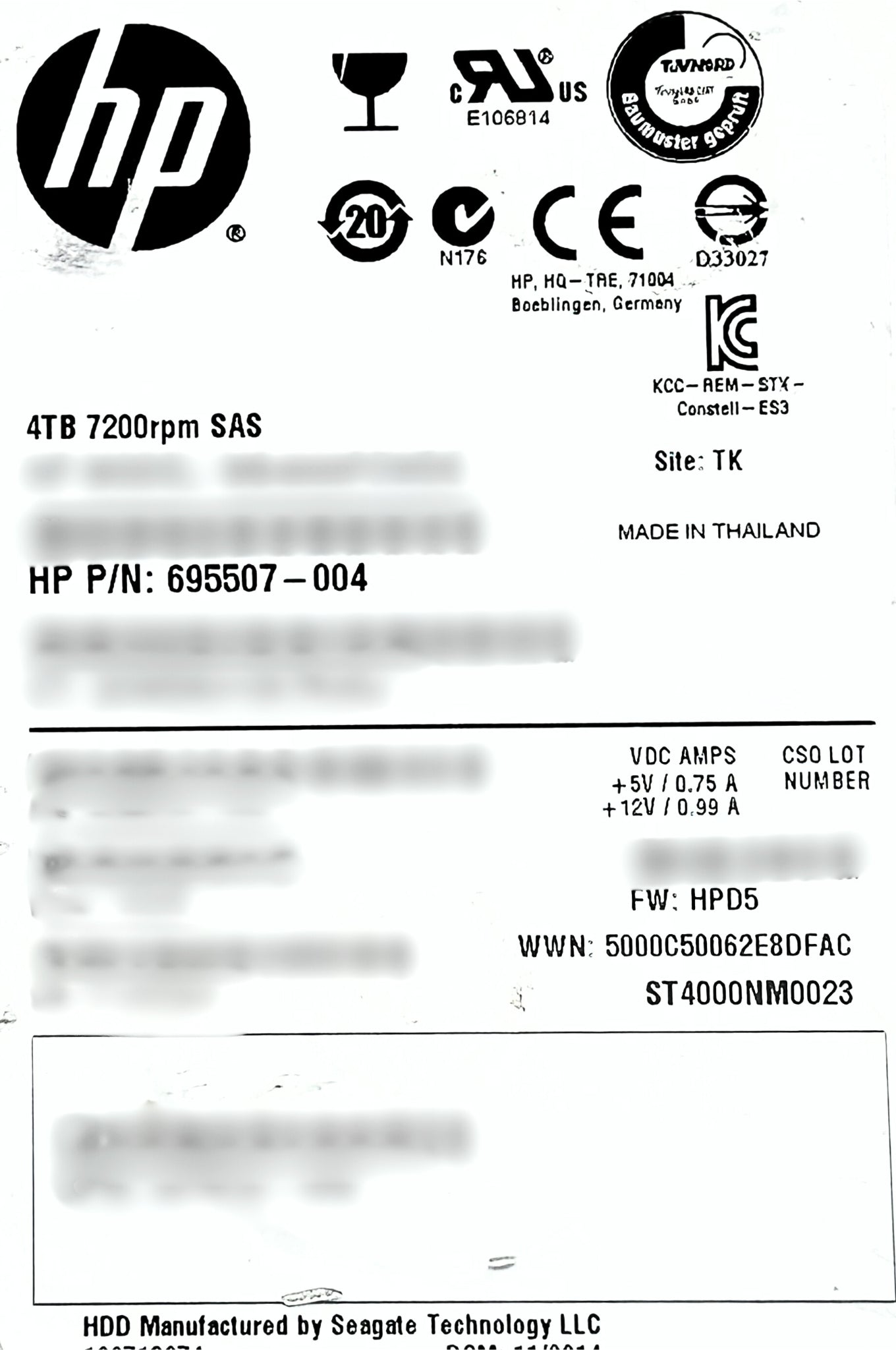 HP 695507-004 4TB SAS 6G 7.2K LFF HDD, Used