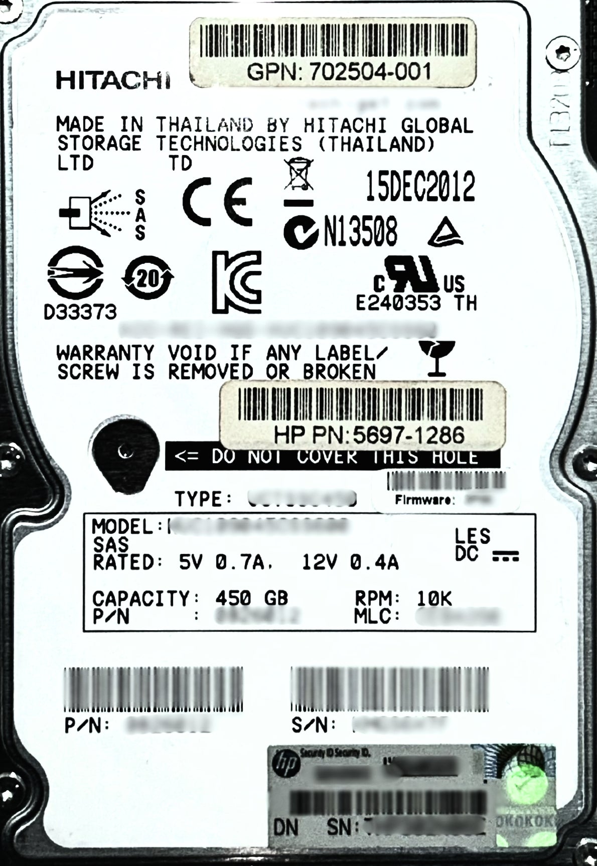HP 702504-001 HP M6710 450GB 10K 6G 2.5INCH SAS D, Used