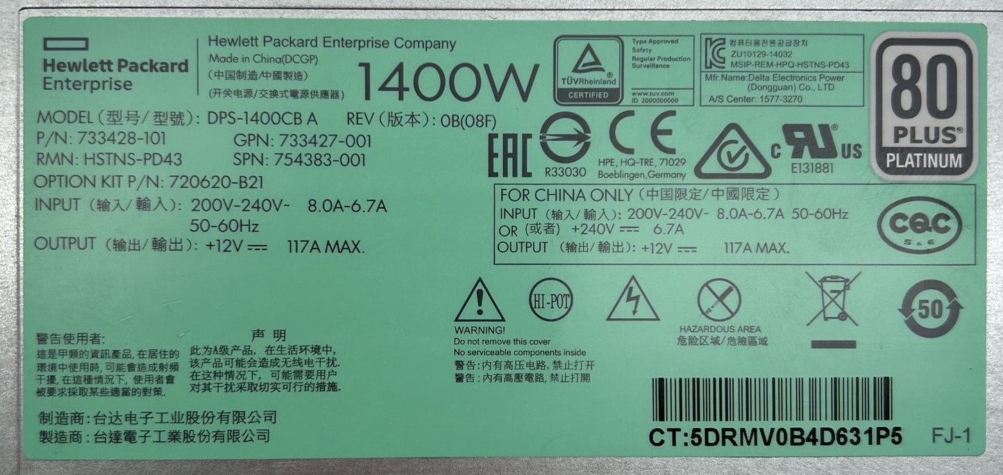 HP 720620-B21 1400W Flex Slot PT Power Supply, Used