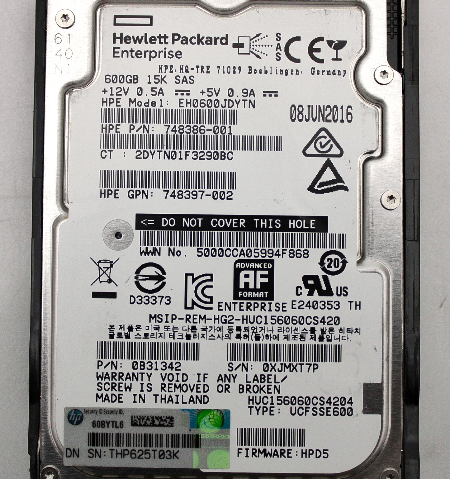 HP 748435-001 600GB 12G 15K SFF SAS SC 512E HDD, Used