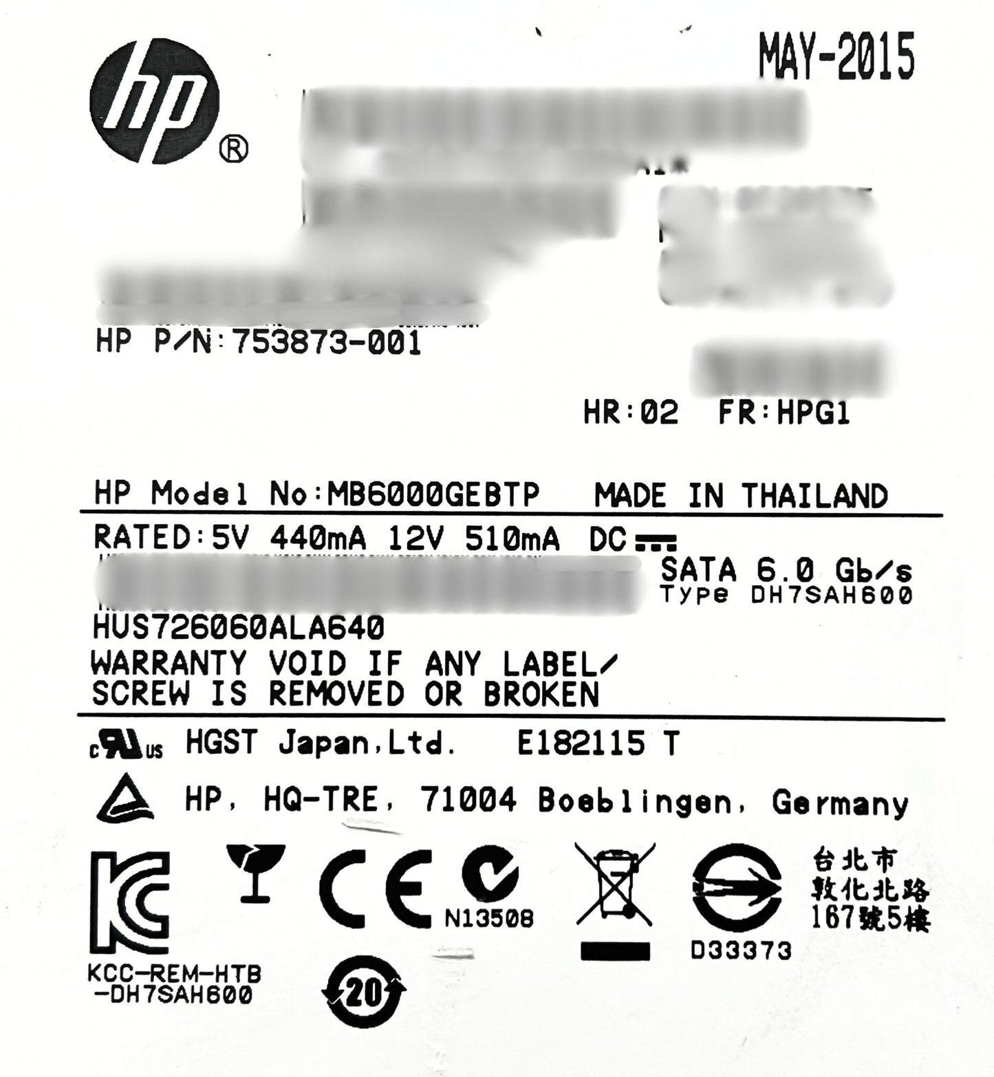 HP 753873-001 6TB 6G 7.2K LFF MDL SATA HDD (BARE DRIVE #)	 , Used