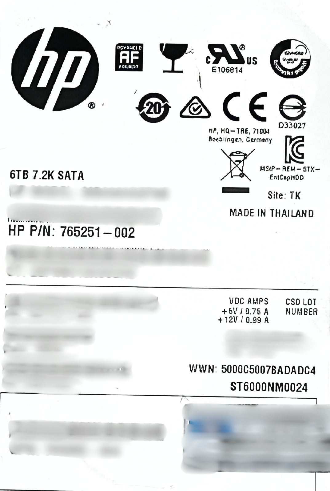 HP 765251-002 6TB SATA 6G 7.2K LFF LP 512E HDD Hard Disk Drive, Used