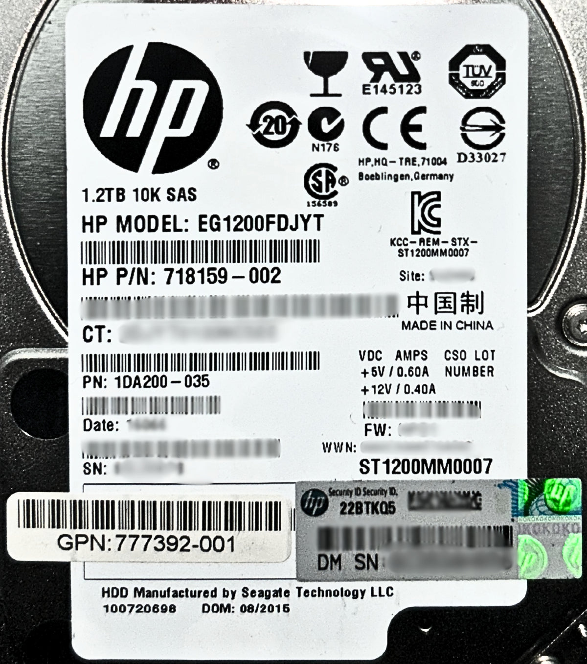 HP 777392-001 1.2TB 2.5" 10K 6G SAS HDD, Used