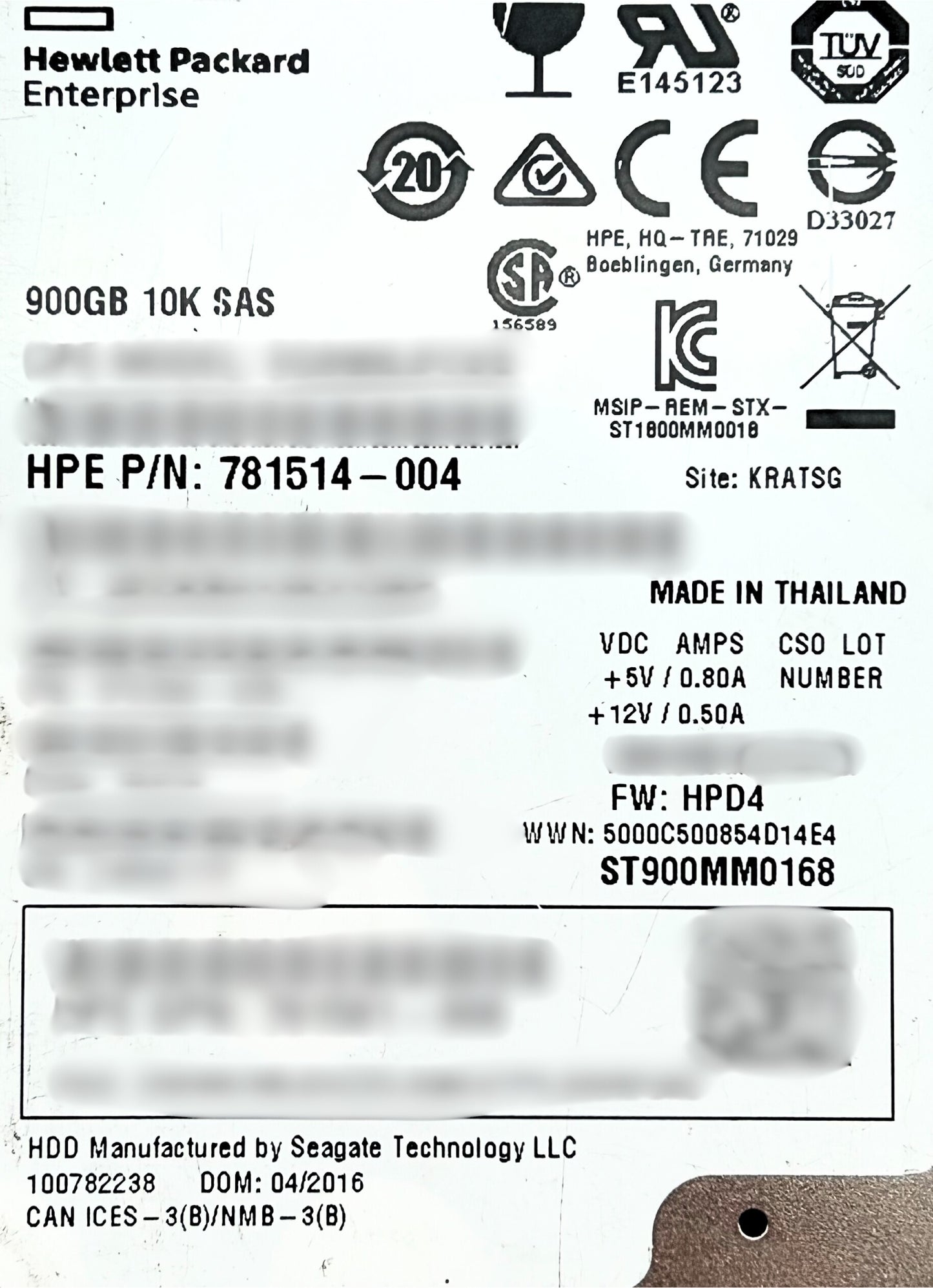 HP 781514-004 900GB 12G 10K SFF SC SAS Hard Drive, Used