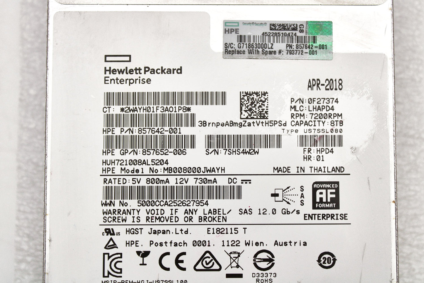 HP 793772-001 8.0TB 7.2K SAS 12GB/S 3.5IN HDD, Used