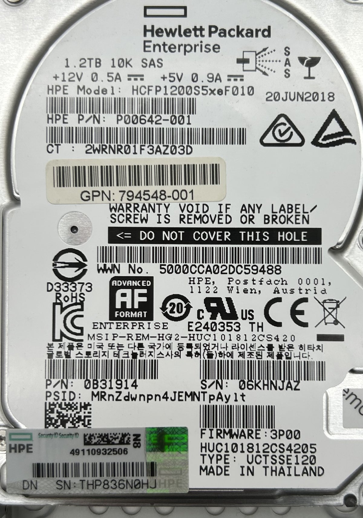 HP 794548-001 3Par 1.2TB 6G SAS Storeserv M6710 SFF FIPS HDD, Used