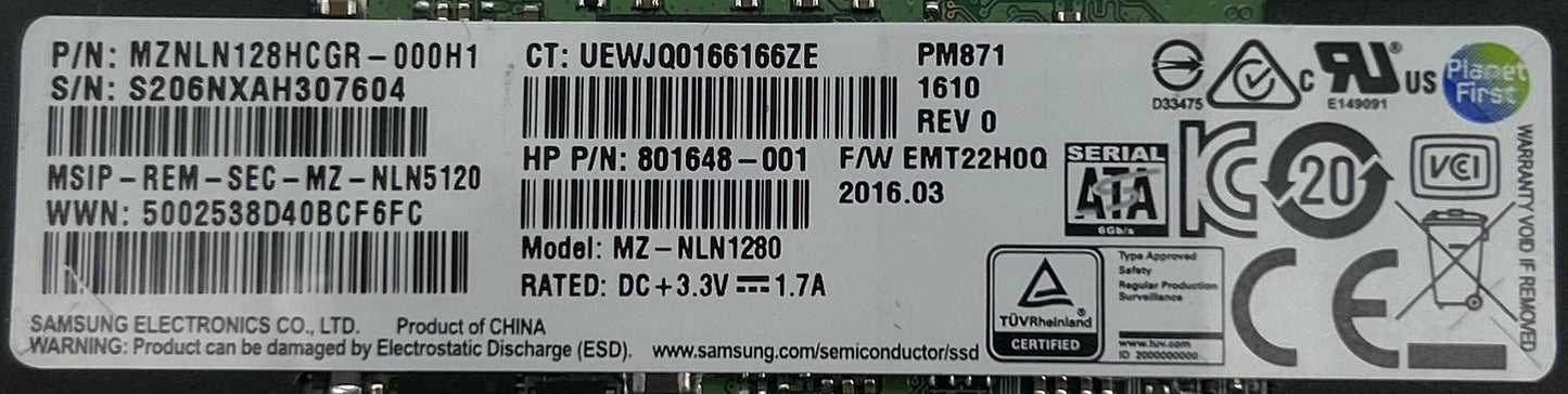 HP 801648-001 128GB SATA-3 6Gbps M.2 2280 SSD, Used