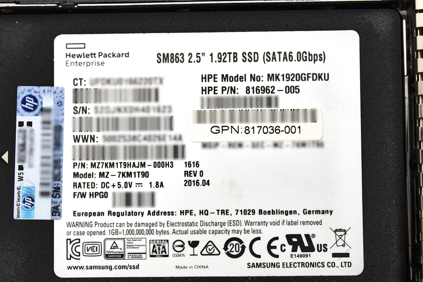 HP 817011-B21 1.92TB 6G SATA 2.5 MU DS SC SSD HDD, Used