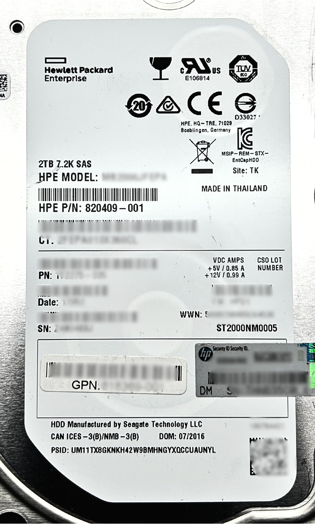 HP 820409-001 2TB 12G SAS 7.2K 3.5in MDL HDD, Used