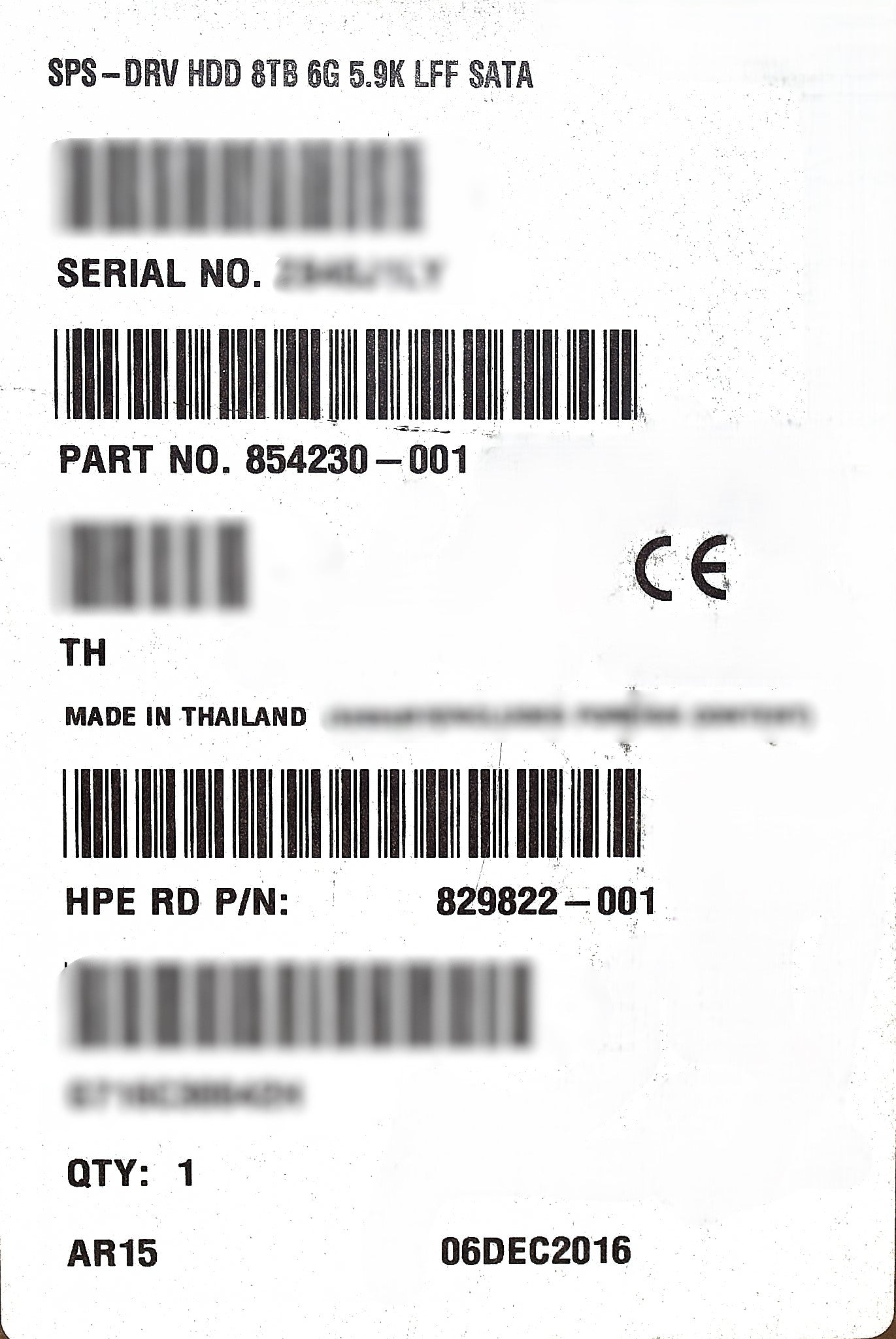 HP 854230-001 8TB 5.9K SATA 3.5 6G, Used