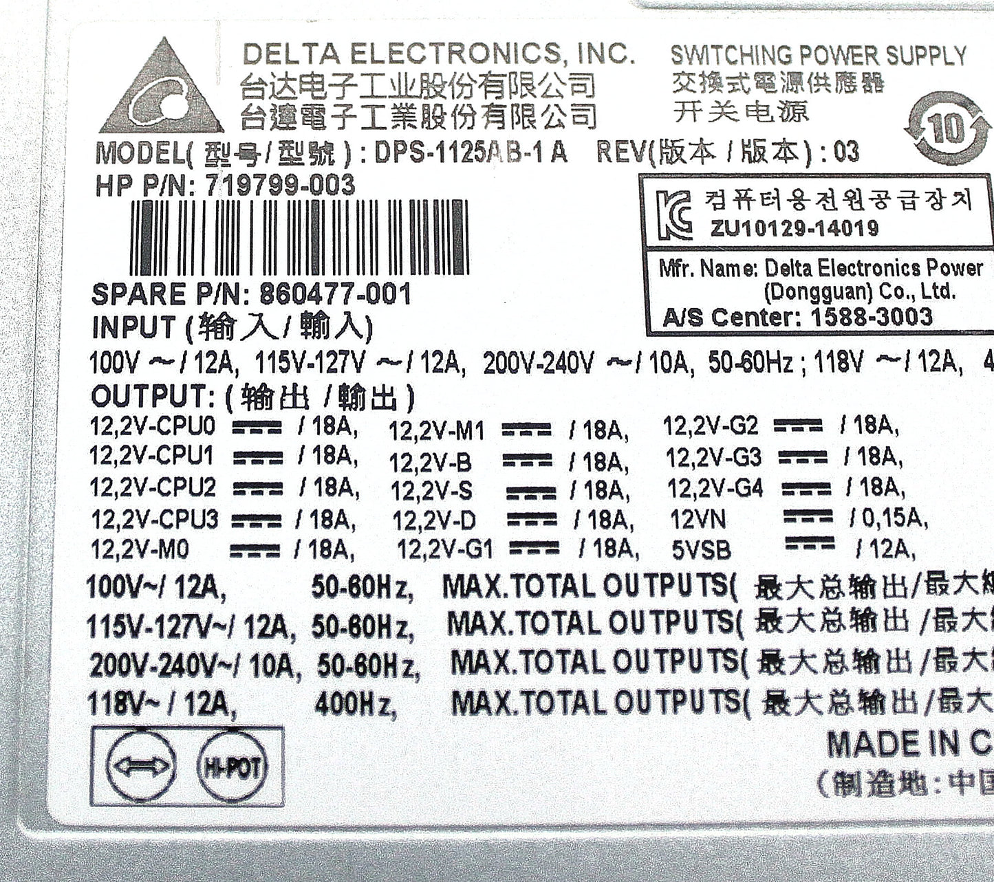 HP 860477-001 POWER SUPPLY 1125W Z840 WS SP, Used