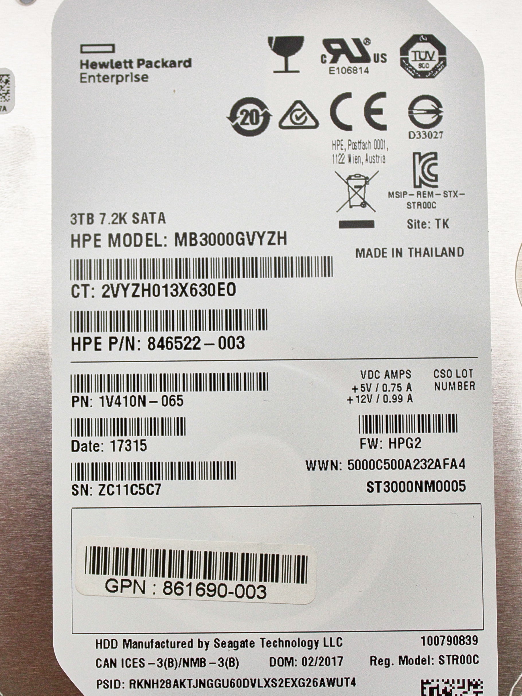 HP 862131-001 3TB 6G 7.2K LFF SATA MDL HD(APOLLO), Used