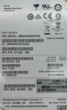 HP 862132-001 2TB 7.2K 3.5 6G SATA LP HDD, Used
