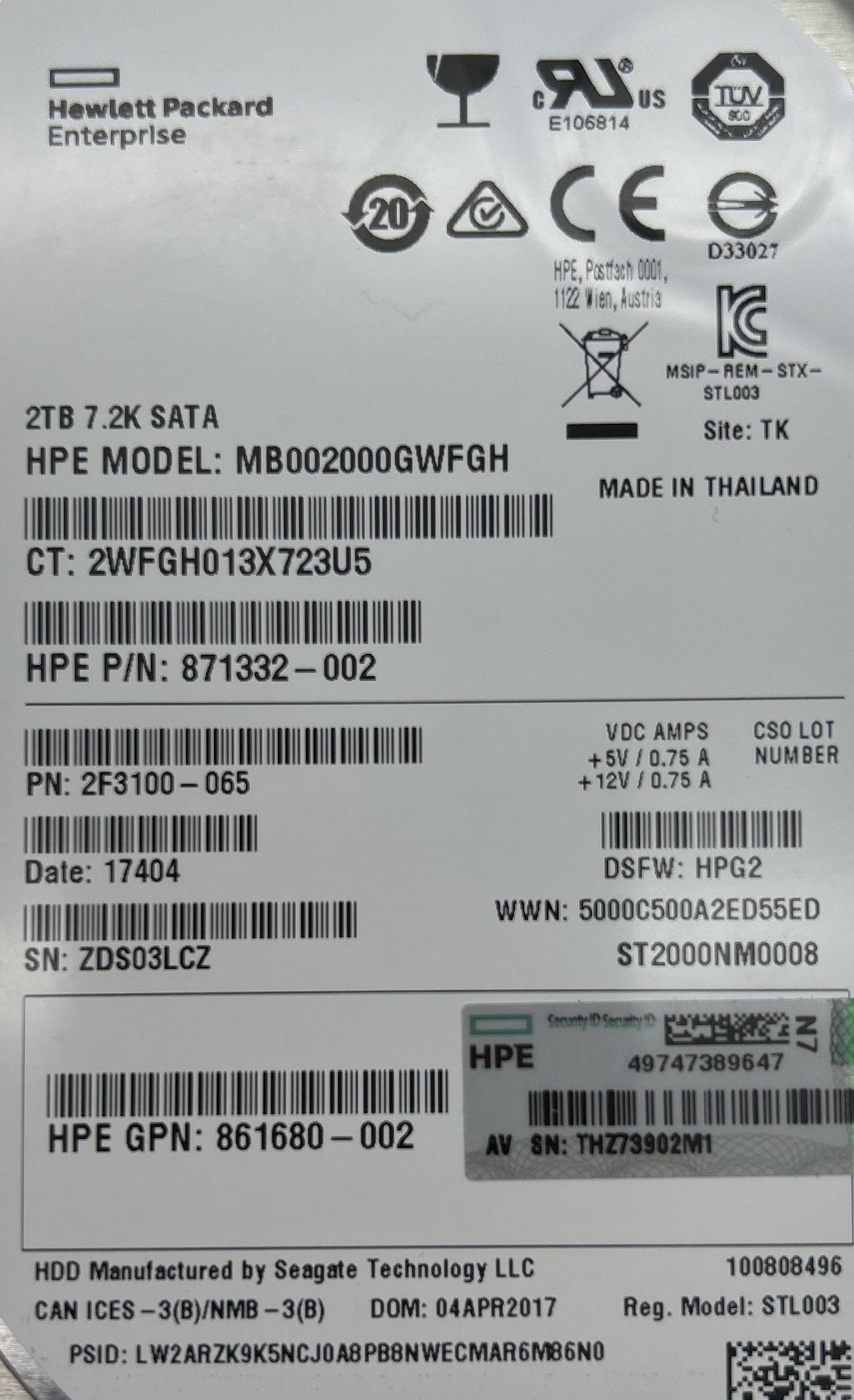HP 862132-001 2TB 7.2K 3.5 6G SATA LP HDD, Used