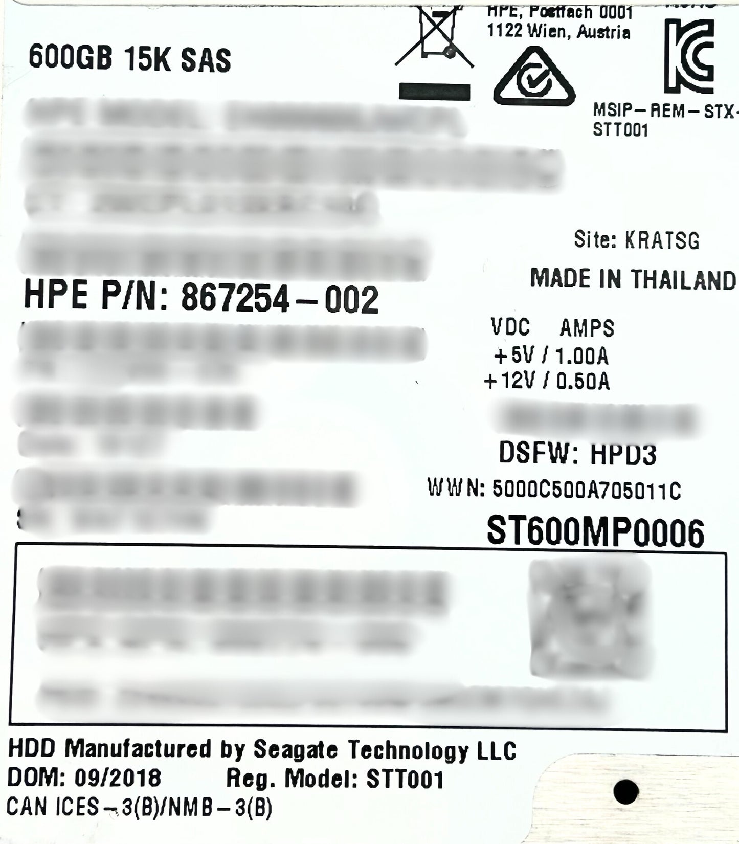 HP 867254-002 600GB 12G SAS 15K SFF SC HDD, Used