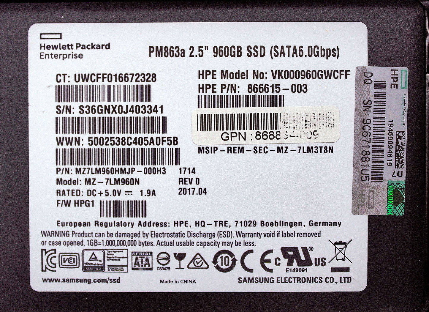 HP 868928-001 960GB SATA 6G RI SFF SC DS SSD, Used