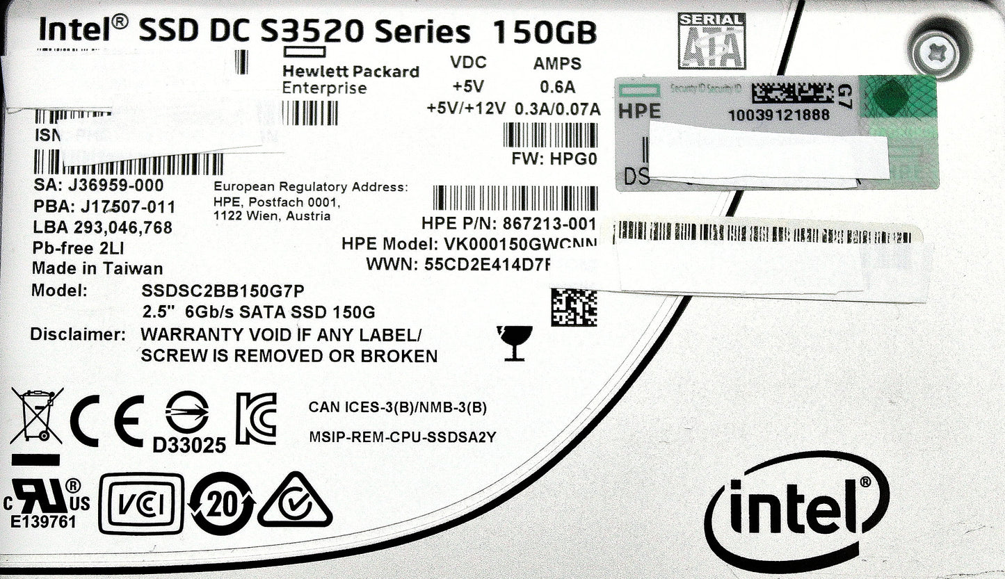 HP 869575-001 150GB 6G SFF RI SC DS SATA SSD HDD, Used