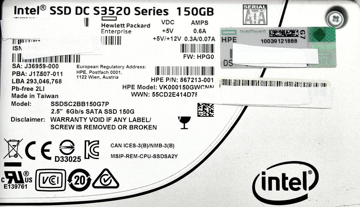 HP 869575-001 150GB 6G SFF RI SC DS SATA SSD HDD, Used