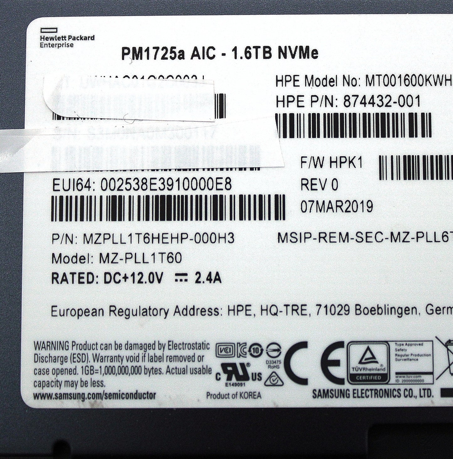 HP 874432-001 1.6TB NVME X8 MU HH DS SSD, Used