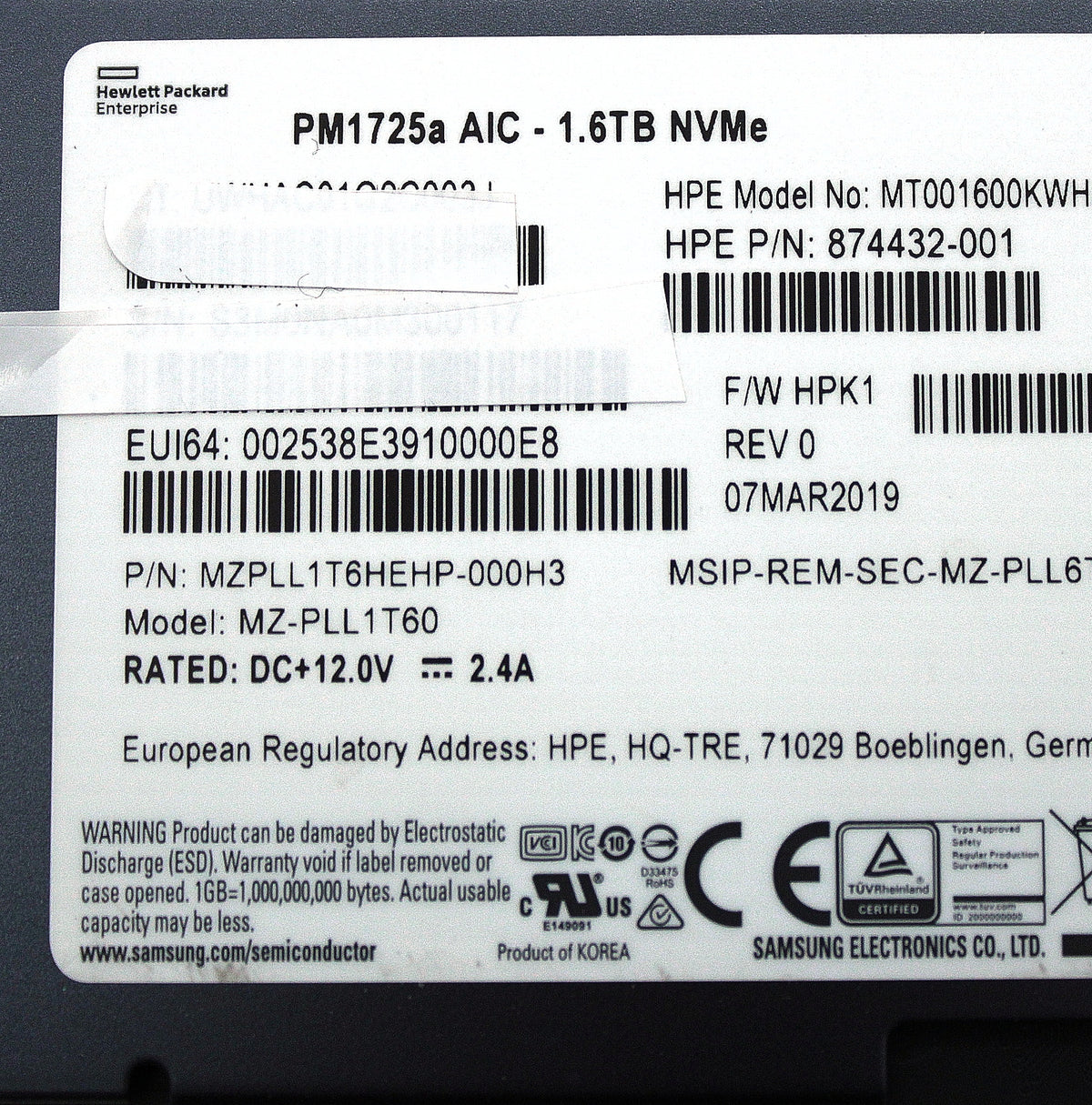 HP 874432-001 1.6TB NVME X8 MU HH DS SSD, Used