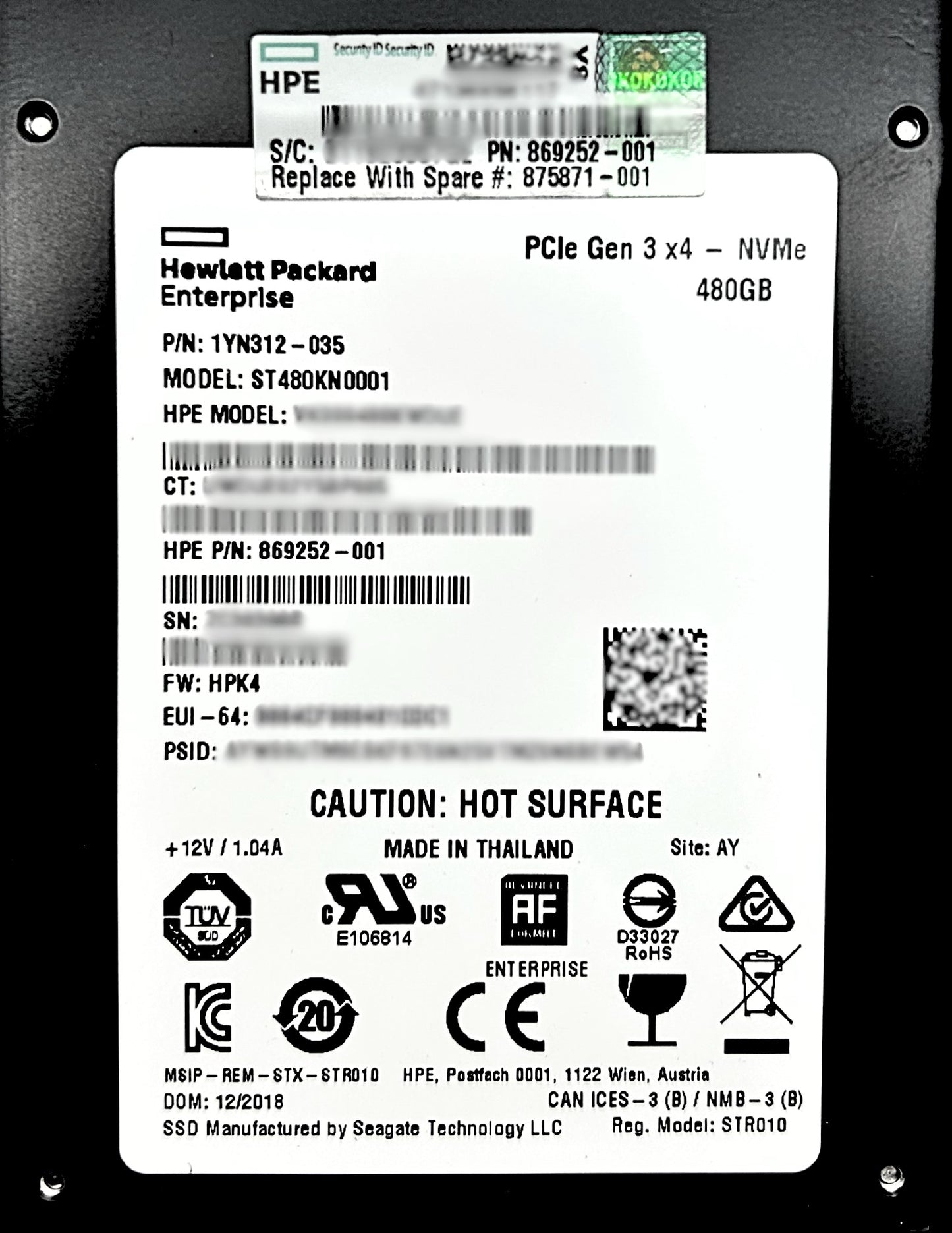 HP 875871-001_NEW 480GB SFF NVME X4 RI SCN DS SSD, New Open Box