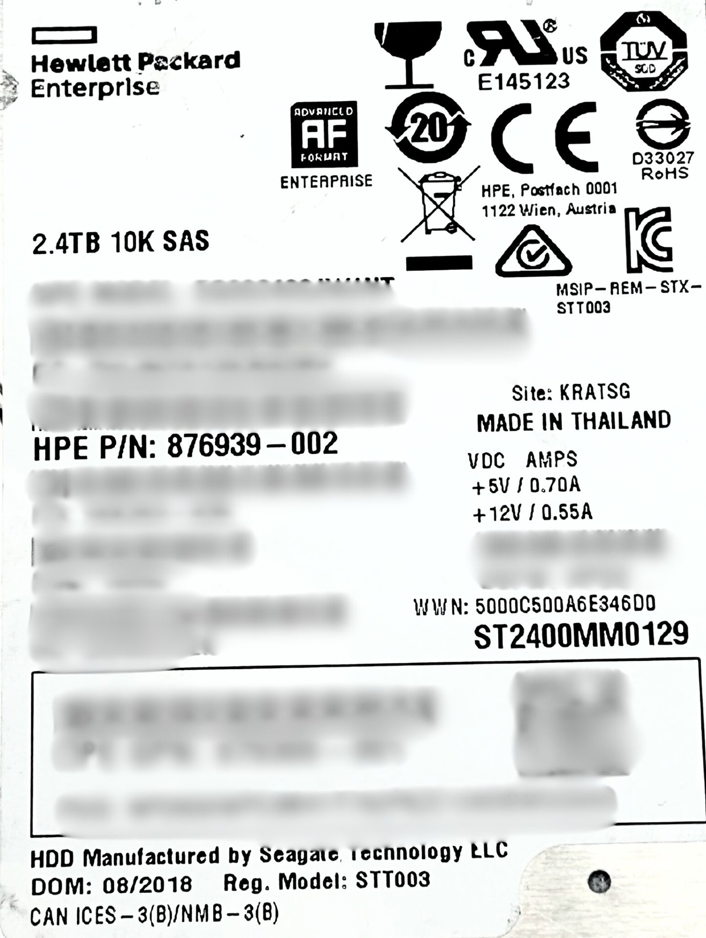 HP 876939-002 2.4TB 10K 12G SAS SFF ENT HDD Hard Disk Drive 2.5 inch, Used