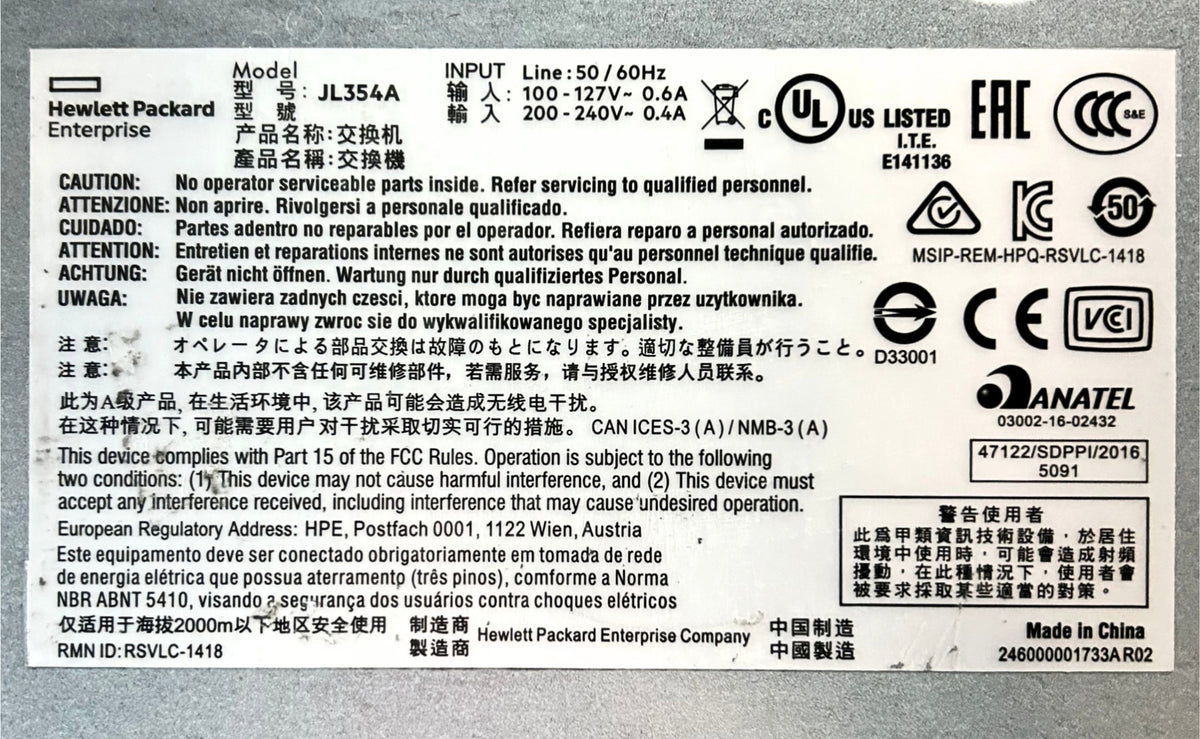 HP JL354A HP Aruba 2540 24*1G RJ-45 4-SFP+ L2 Switch, Used