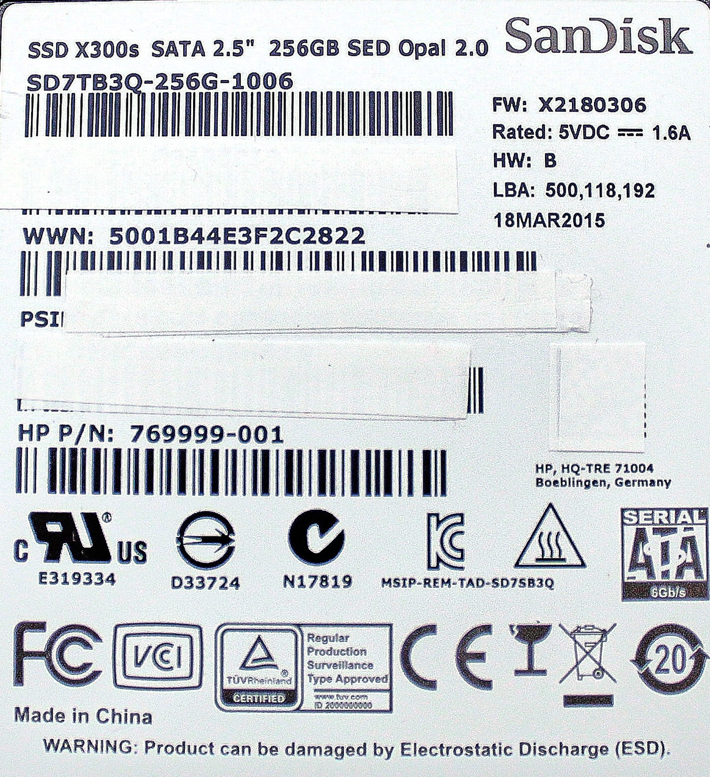 HP SD7TB3Q-256G-1006 256GB SSD SATA 2.5 SED X300 HP, Used