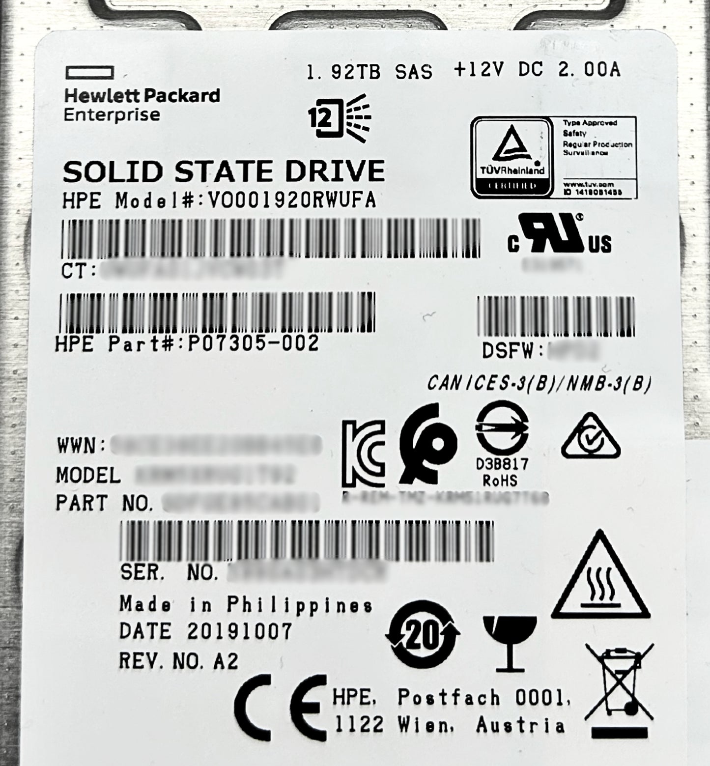 HP VO001920RWUFA 1.92TB SAS 12G RI SFF SC VSAS RM5 SSD, Used
