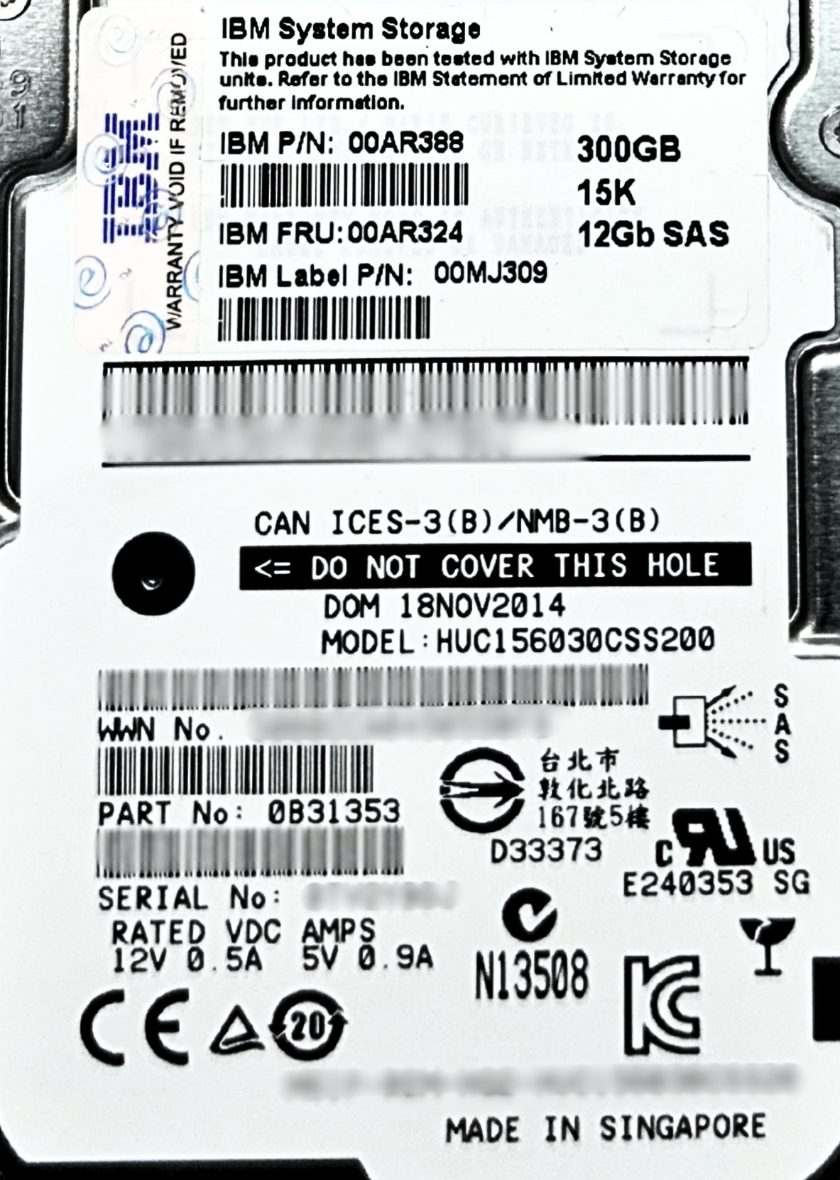 IBM 00AR324 300GB 15K 12GBPS 2.5 INCH SAS, Used