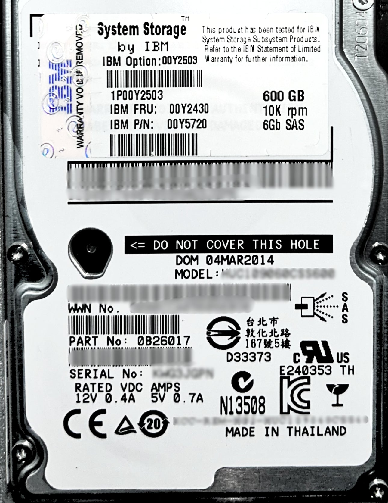 IBM 00Y2503 600GB 2.5" 10K RPM 6GB SAS HDD, Used