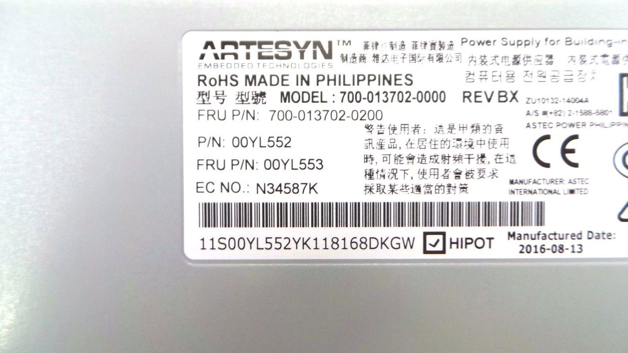 IBM 00YL553 Artesyn Platinum 550W Power Supply, Used