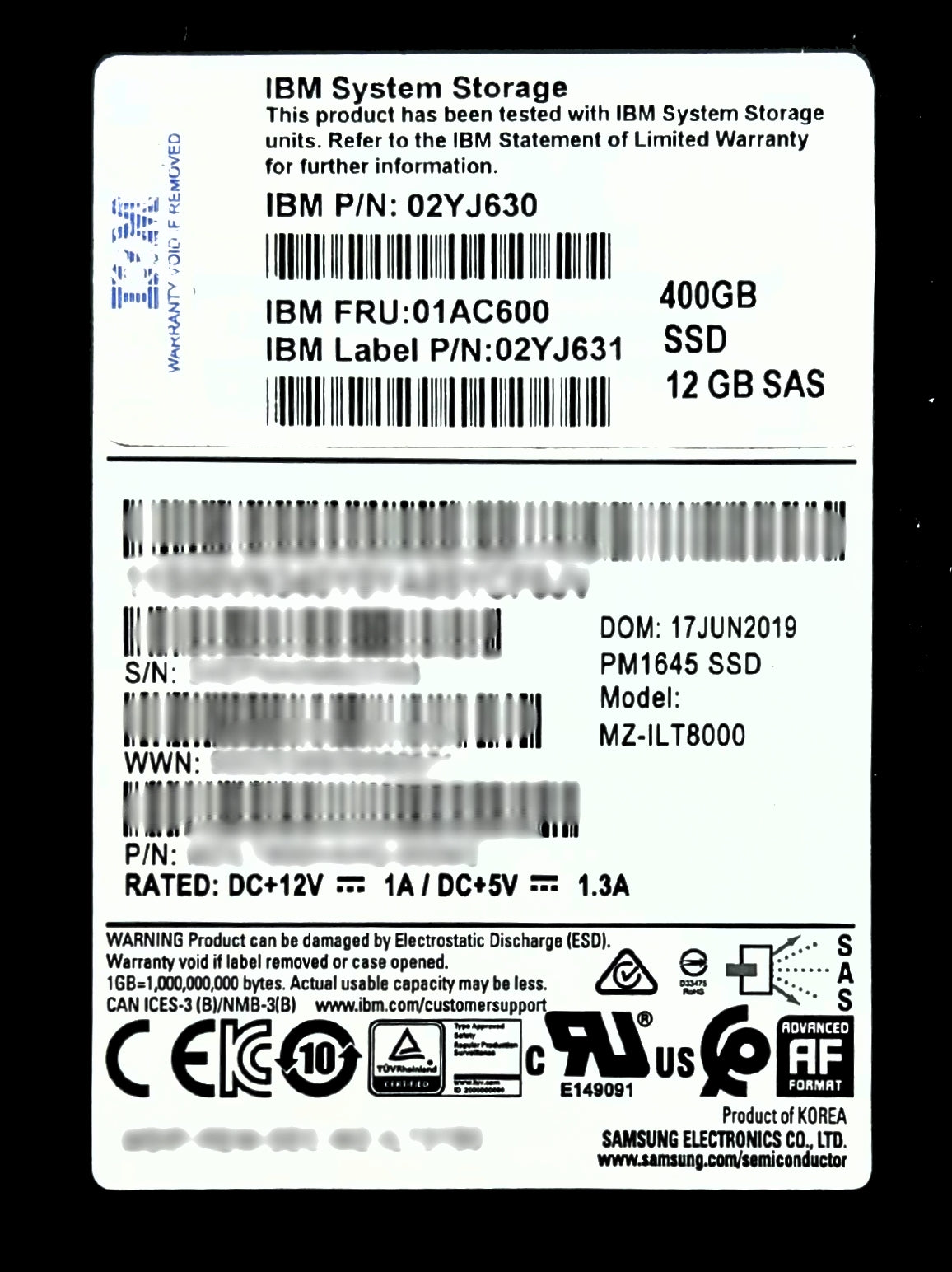 IBM 01AC600 400GB 12GB 2.5" SSD v5000 g2, Used