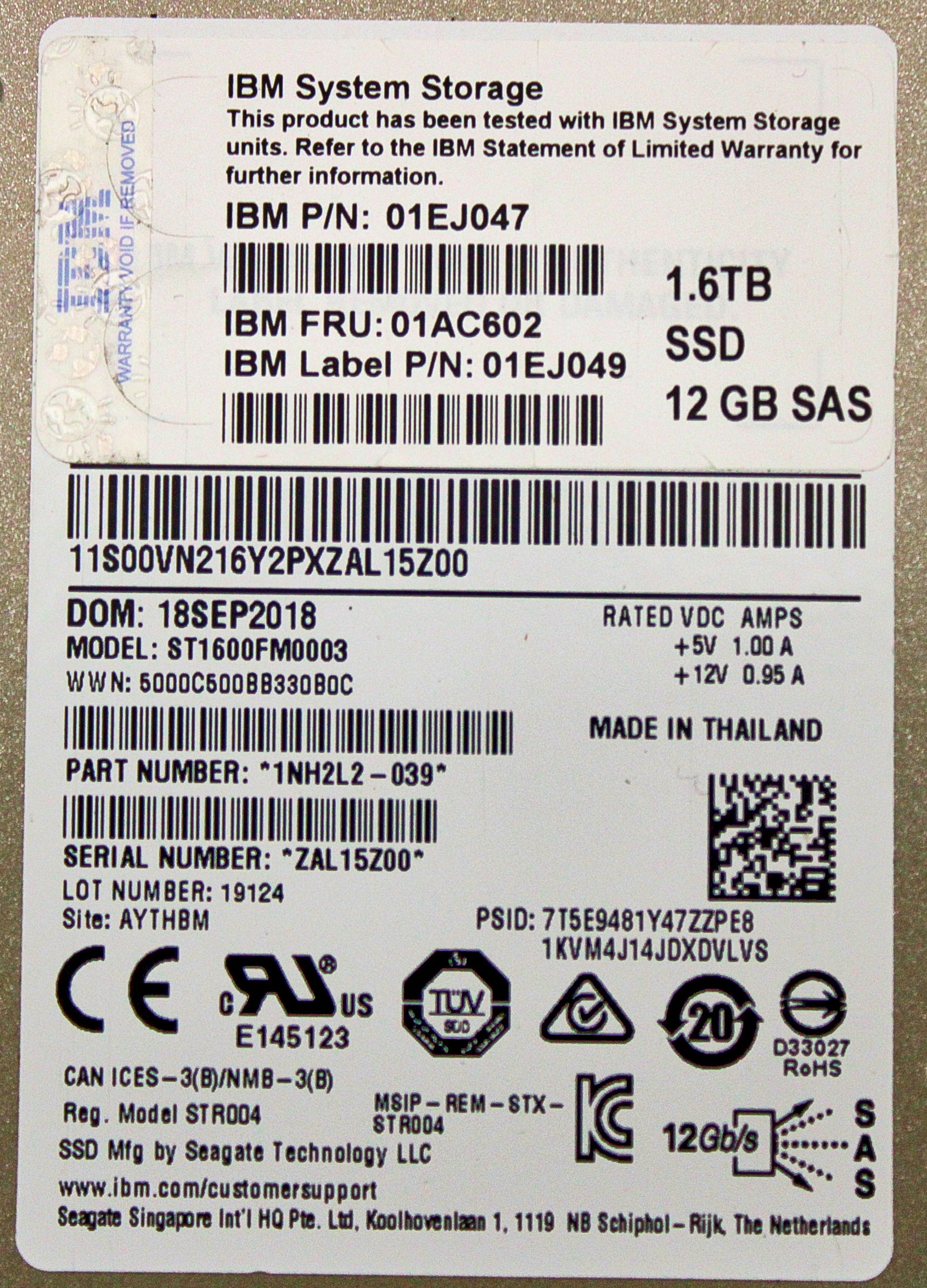 IBM 01AC602 1.6TB 2.5" Flash Drive Storwize V5000, Used