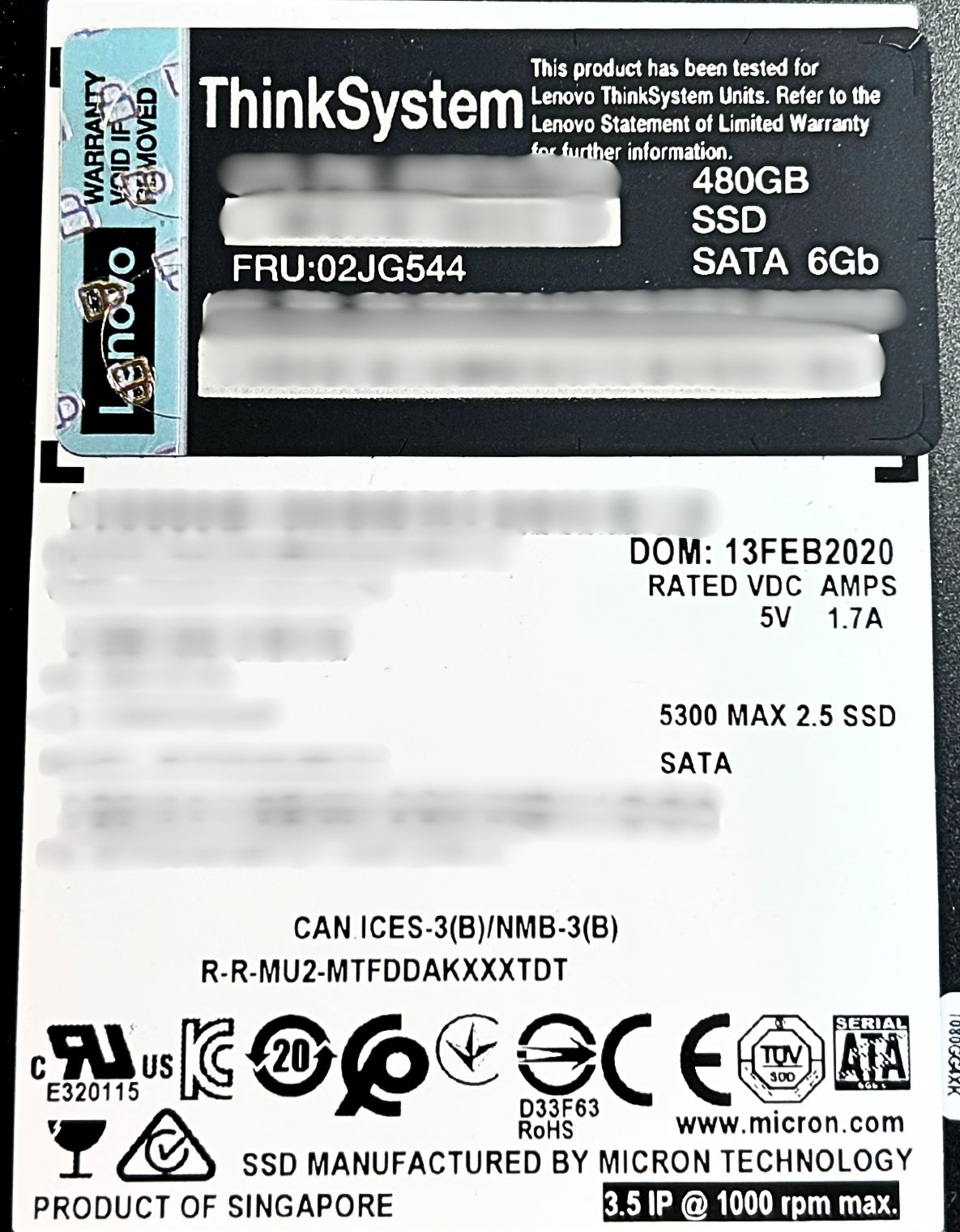 IBM 02JG544 2.5 inch 5300 480GB Mainstream SATA 6Gb Hot Swap SSD, Used