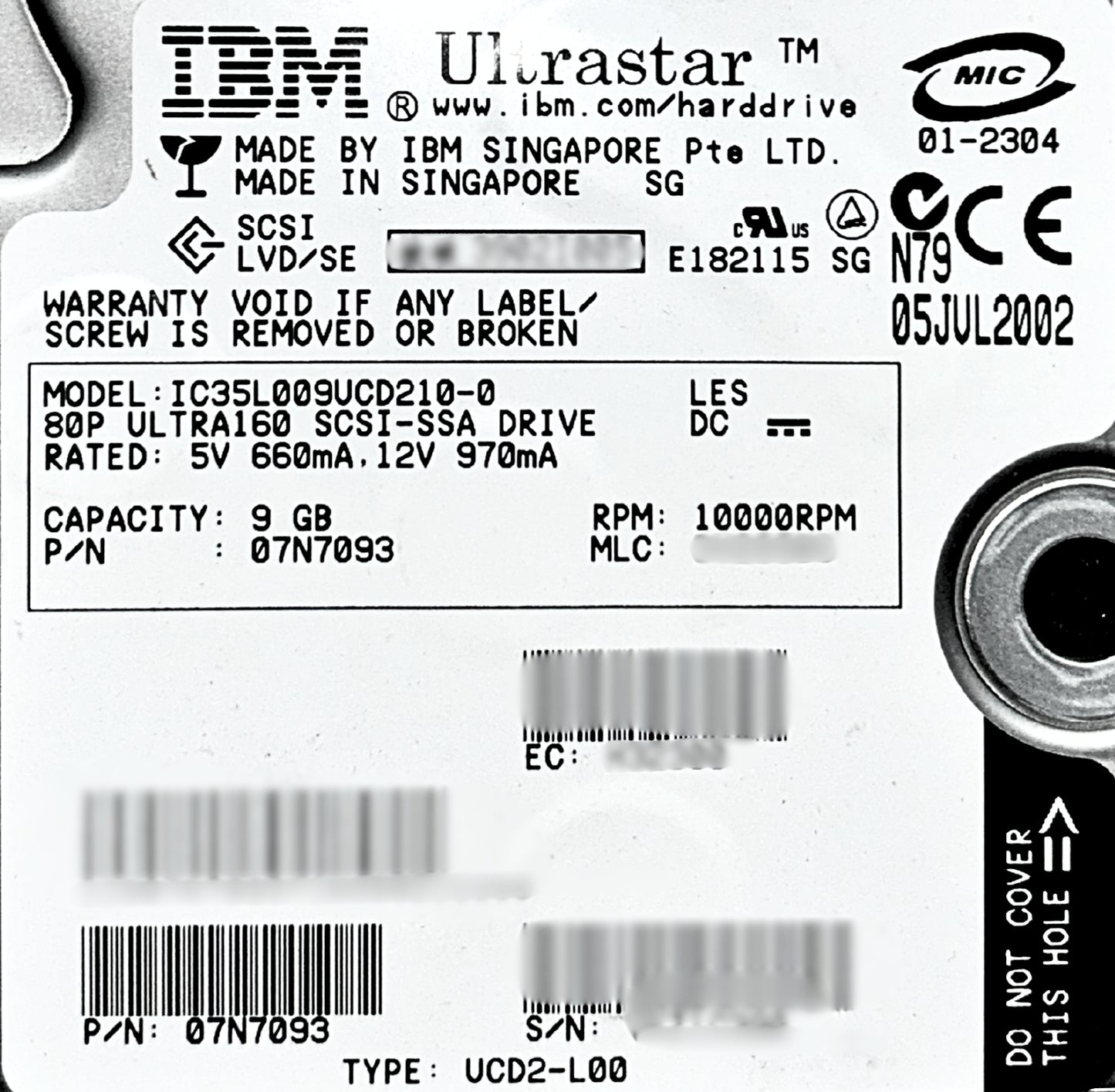 IBM 07N7093 9.1GB 10K SCSI 3.5" HDD, Used