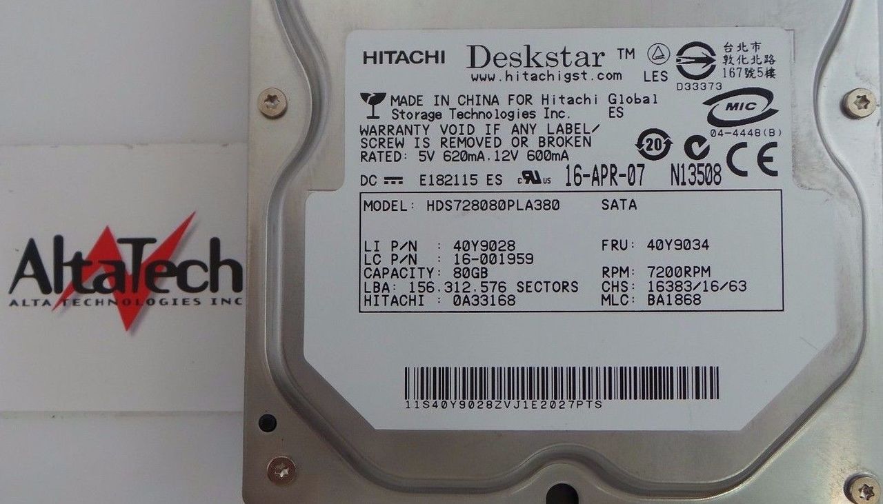 IBM 40Y9034 Hitachi 80GB 7.2K SATA 3.5" Hard Drive, Used