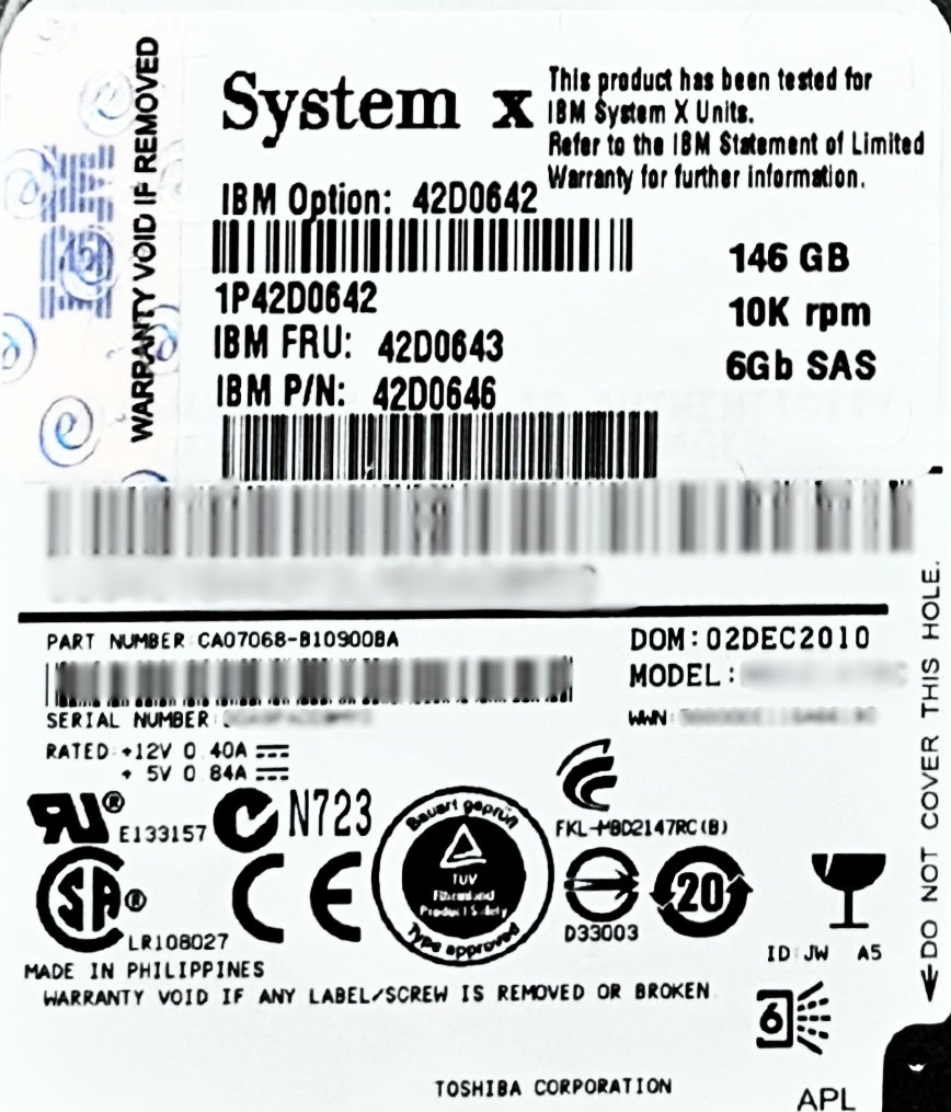 IBM 42D0643 146GB 10K 6GBPS 2.5 HOT SWAP SAS, Used