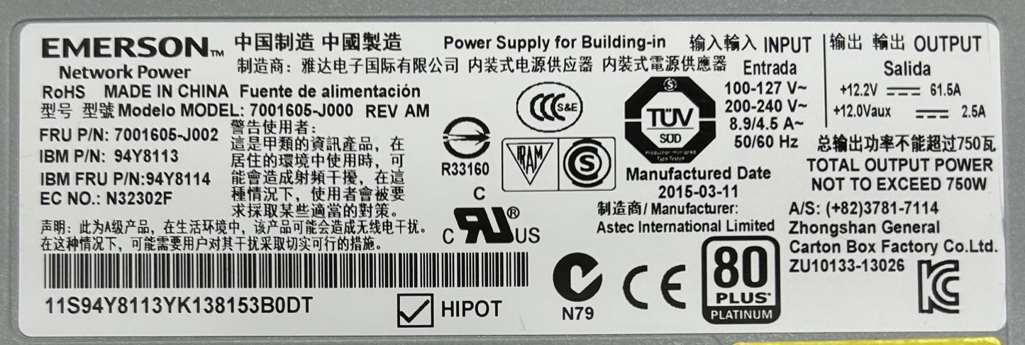 IBM 94Y8113 IBM 750W POWER SUPPLY FOR X3650 M4, Used