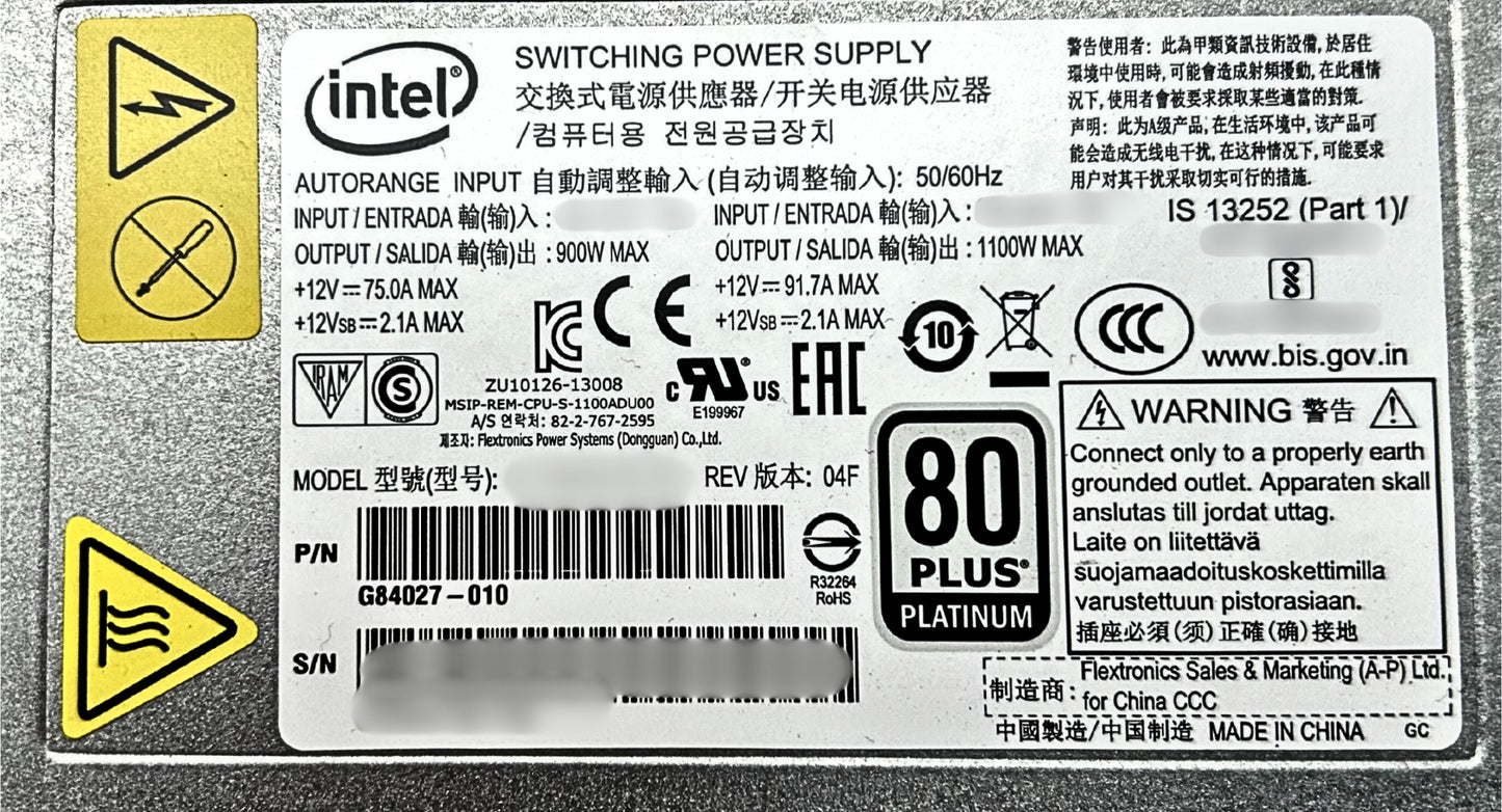 Intel G84027-010 1100W Power Supply S2600WFT, Used