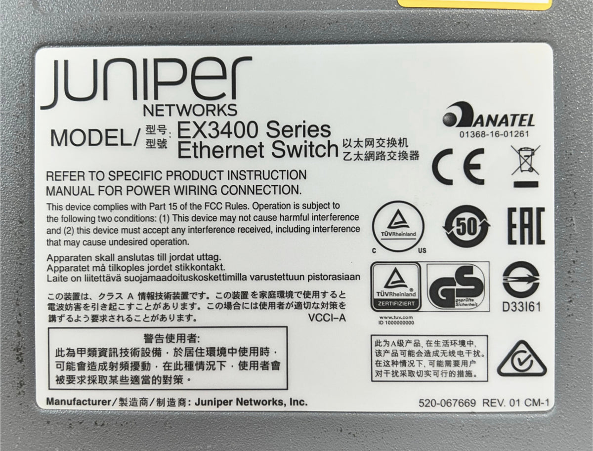 Juniper Networks EX3400-24P EX3400 24-PORT 1000BASE-T POE+ SWITCH, Used