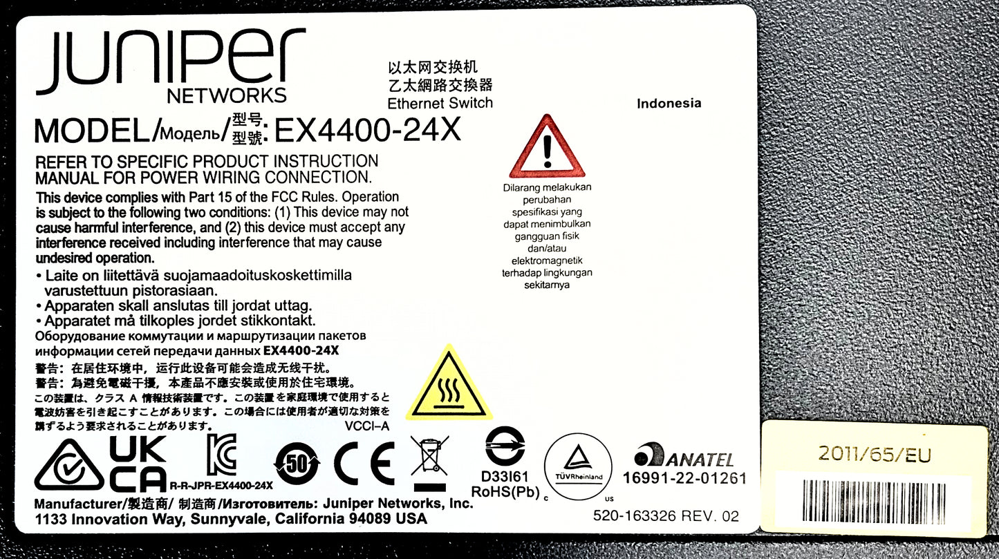 Juniper Networks EX4400-24X 24-port 1/10GbE SFP+ + 550W AC PSU, Used