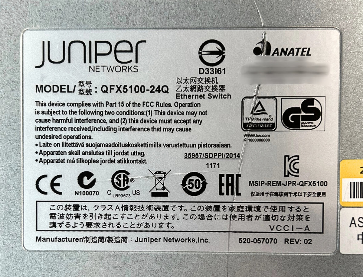 Juniper Networks QFX5100-24Q-3AFO 24-Port QSFP+ Dual AC Managed Ethernet Switch, Used